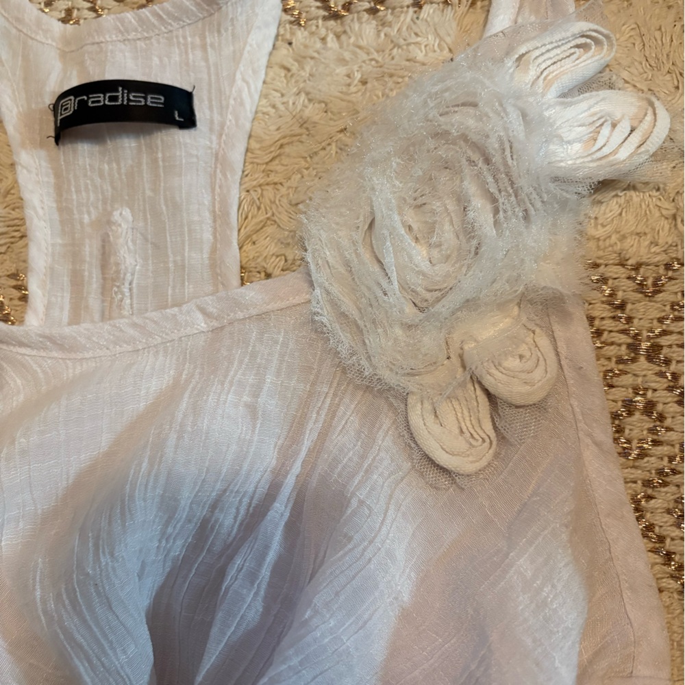 Sheer White Top with Floral Accent